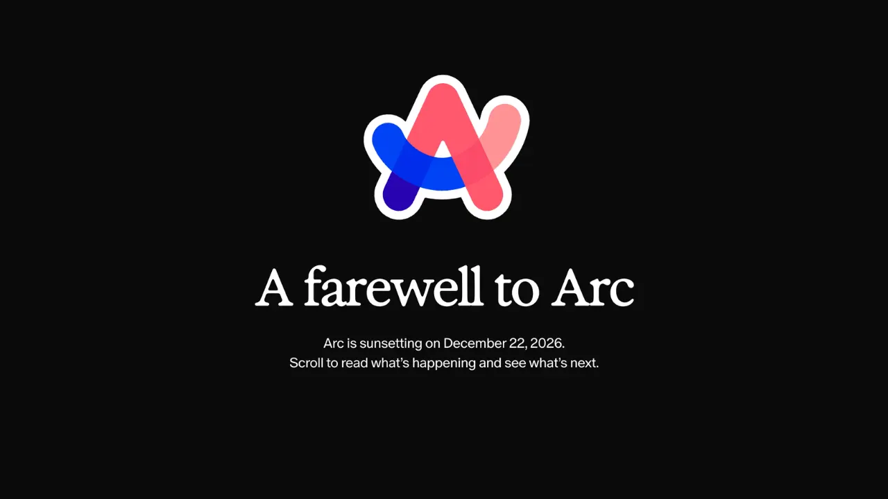 Arc browser logo on a laptop screen next to the Dia browser interface, illustrating the shutdown and transition.