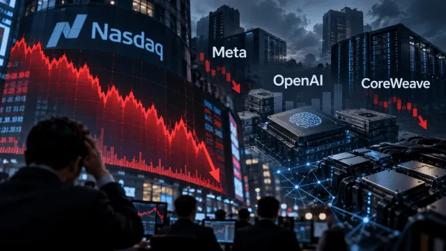Stock market display showing a sharp decline in US technology shares amid concerns over AI spending.