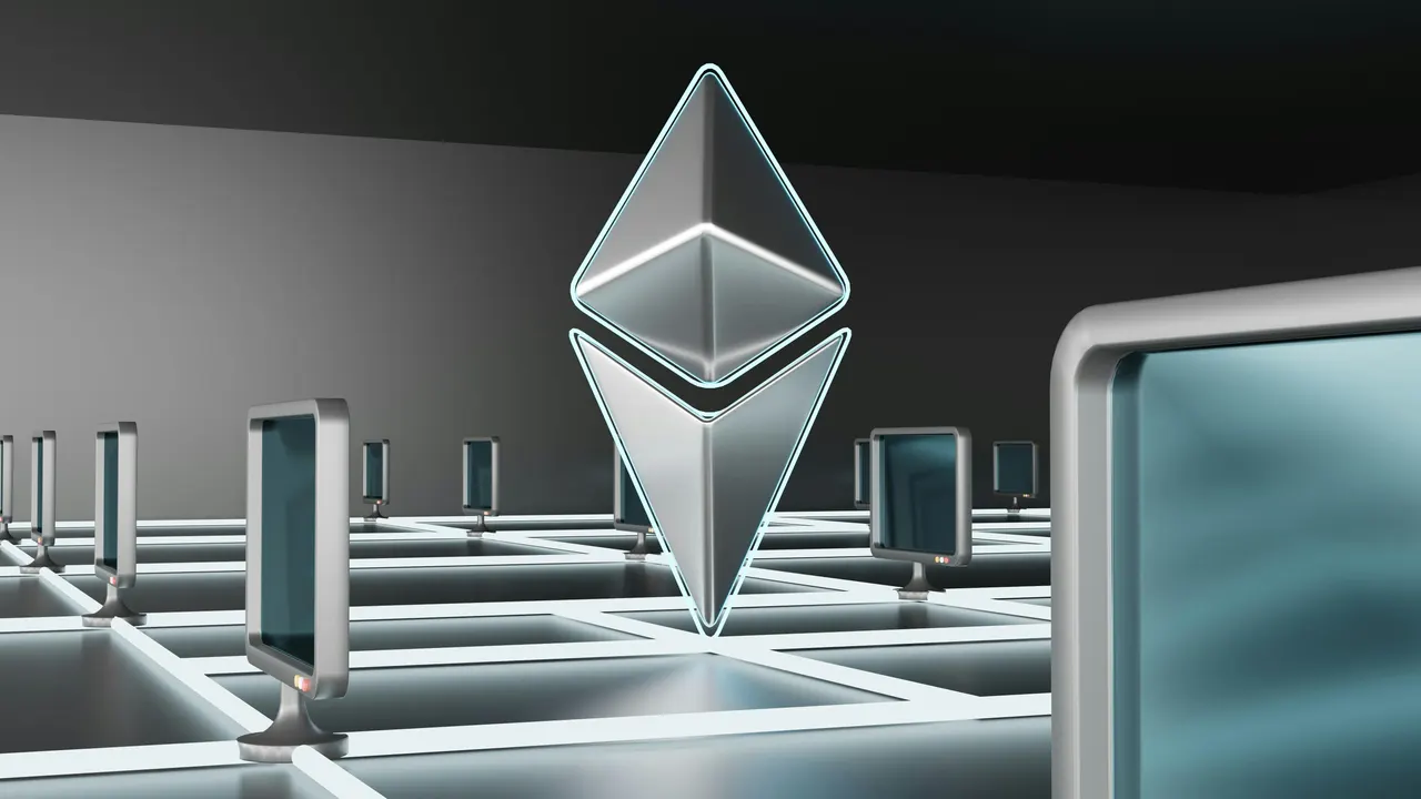 Illustration of Ethereum logo with a clock and linked blocks representing faster transaction finality.