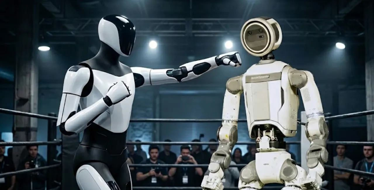 Tesla Optimus humanoid robot standing on a factory floor with its hands visible