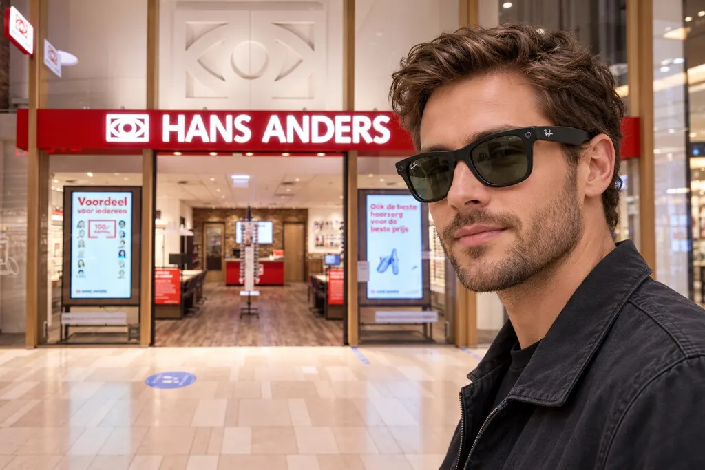 A pair of Ray-Ban Meta smart glasses on display in an optical store.