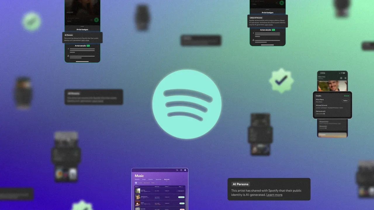 Smartphone showing the Spotify app with headphones resting beside it on a desk.