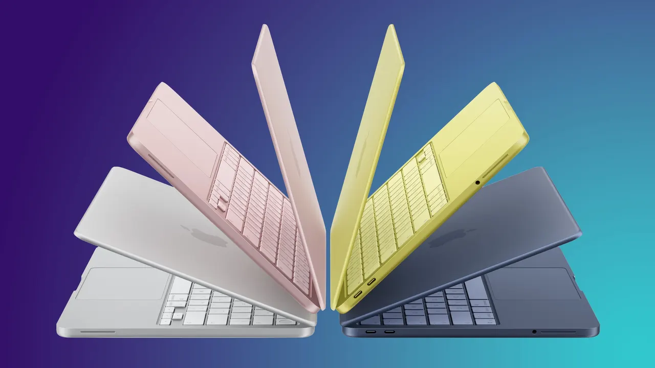 A MacBook Neo laptop open on a desk, representing Apple's growing share of a shrinking PC market.