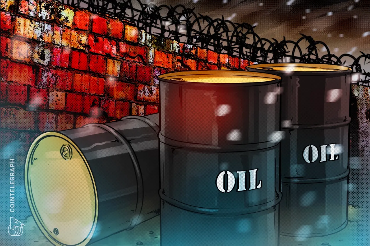 Bitcoin coin in front of a falling price chart with an oil barrel silhouette, illustrating crypto and commodity market pressure.