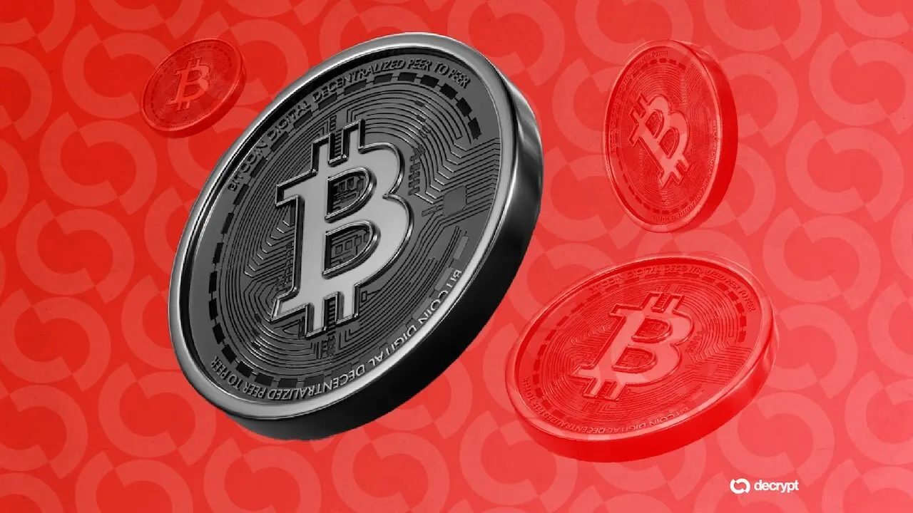Red downward chart over a Bitcoin coin symbolizing heavy outflows from spot Bitcoin ETFs.
