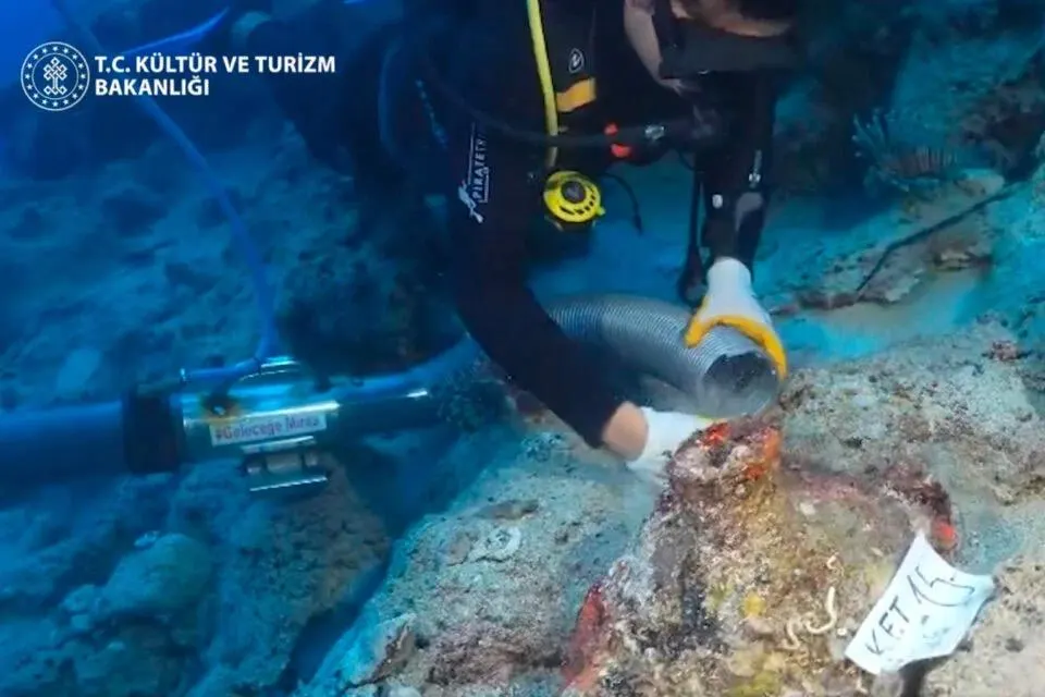 Ancient clay amphorae lying on the seabed at the site of a Bronze Age shipwreck off the southern coast of Turkey.