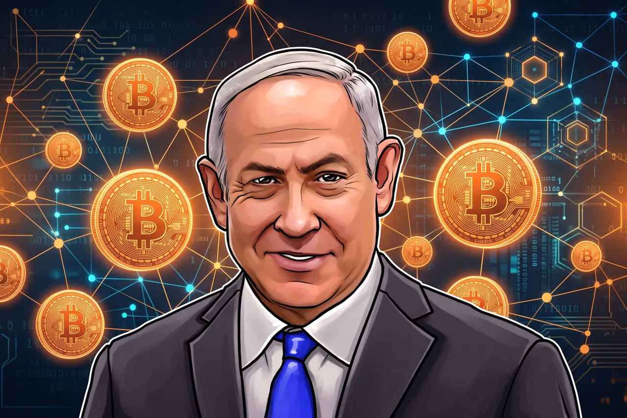 Israeli Prime Minister Benjamin Netanyahu speaking at a podium, with a blockchain network graphic and Israeli flag in the background.