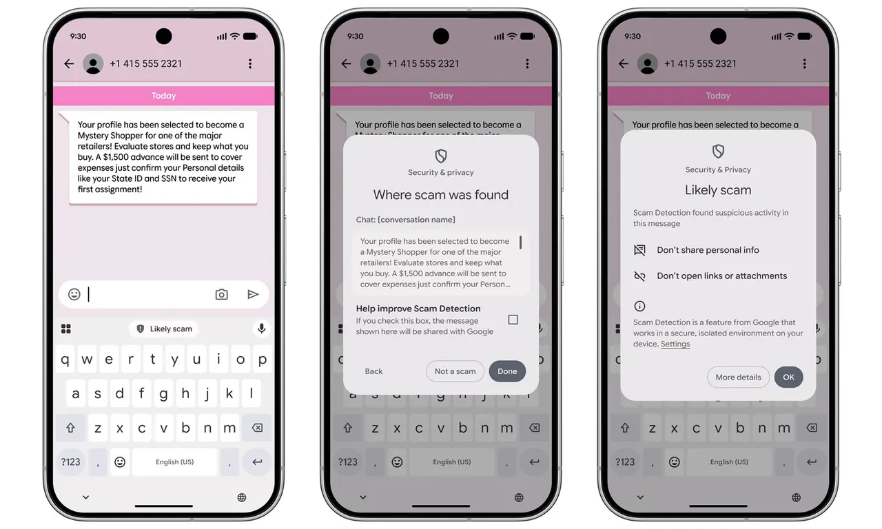 A smartphone showing the Google Messages app with a warning about a suspicious link from an unknown sender.