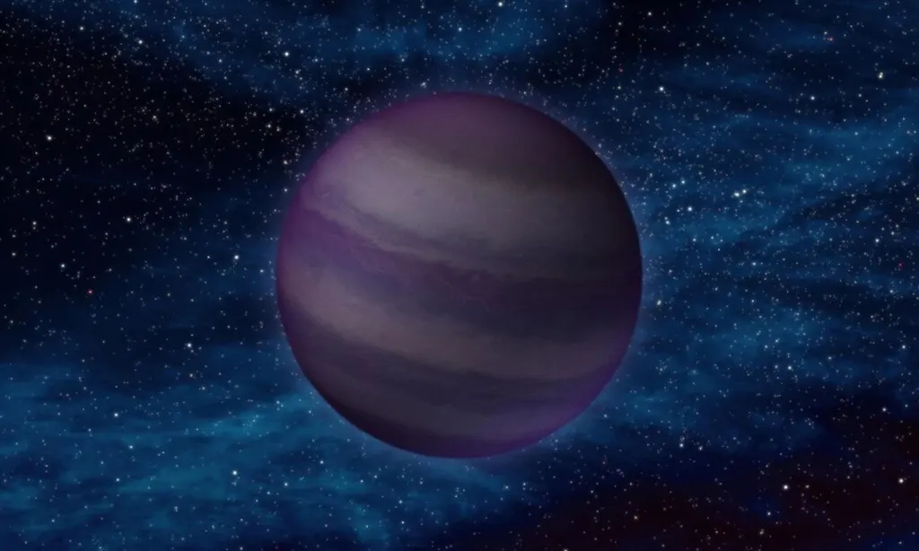 Artist's illustration of a cold brown dwarf with banded water clouds, observed by the James Webb Space Telescope.