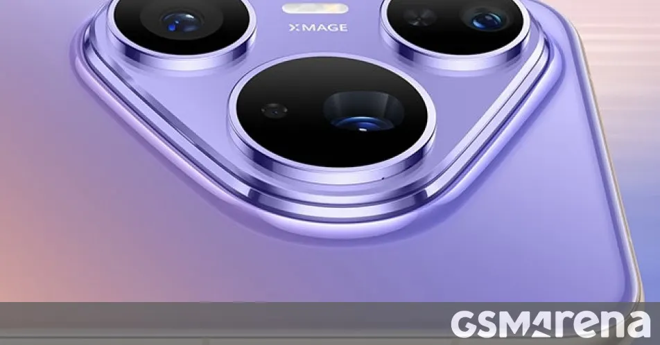 Huawei Pura 90 Plus display unit in Sunset Purple with a curved screen and triangular camera island in a retail store.