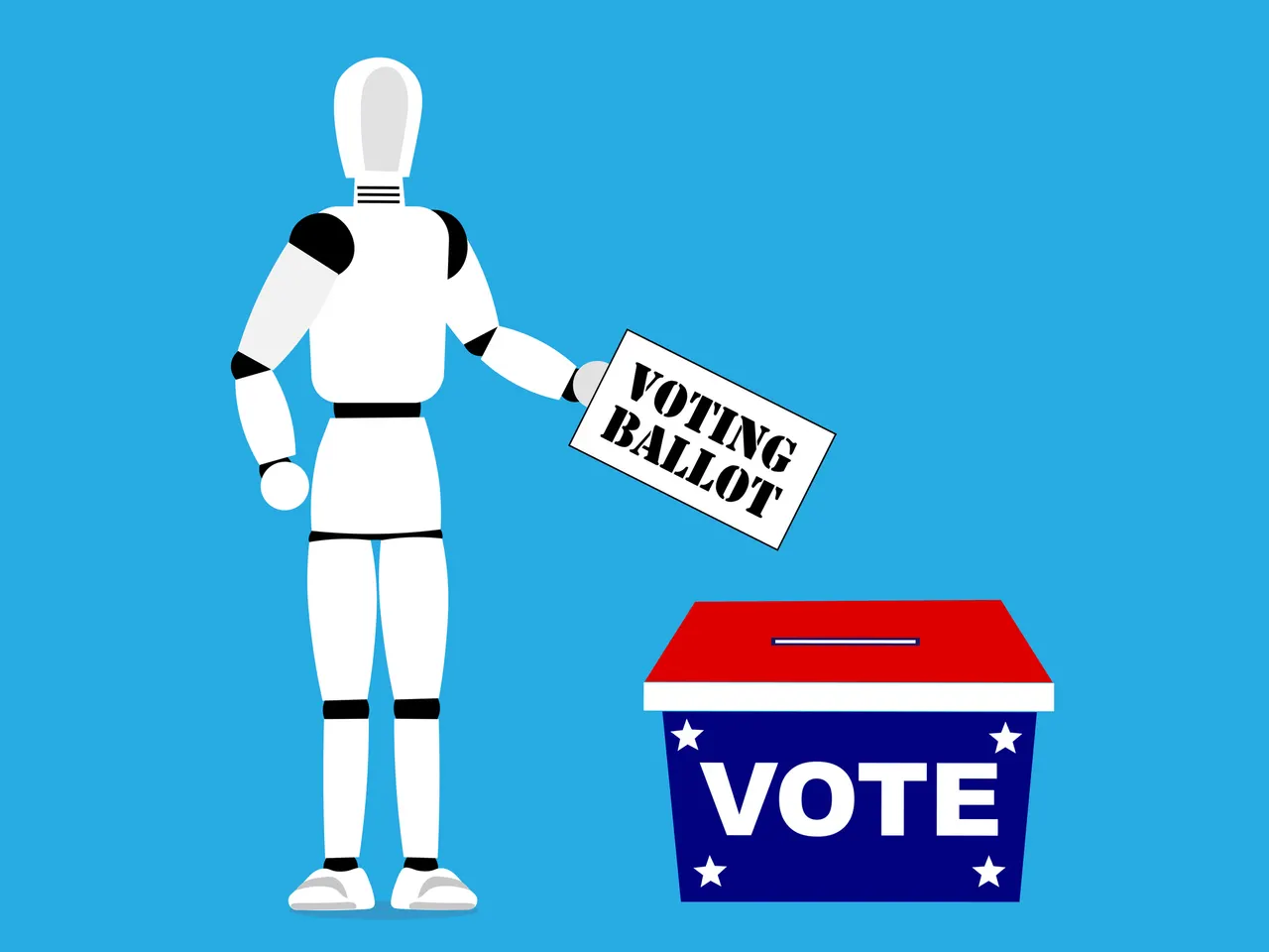 A voter standing at a ballot box next to a chatbot interface showing two opposing candidate recommendations.