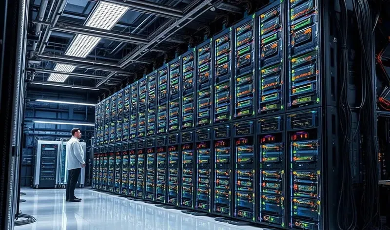 Rows of server racks inside a large data center housing supercomputer hardware.