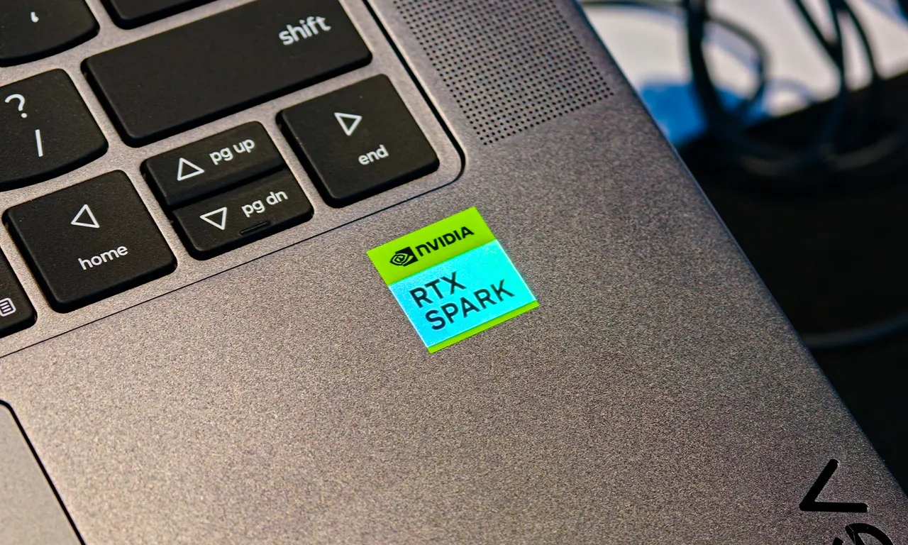 A thin Windows laptop showing an AI agent interface, representing NVIDIA's RTX Spark platform for Windows on Arm.