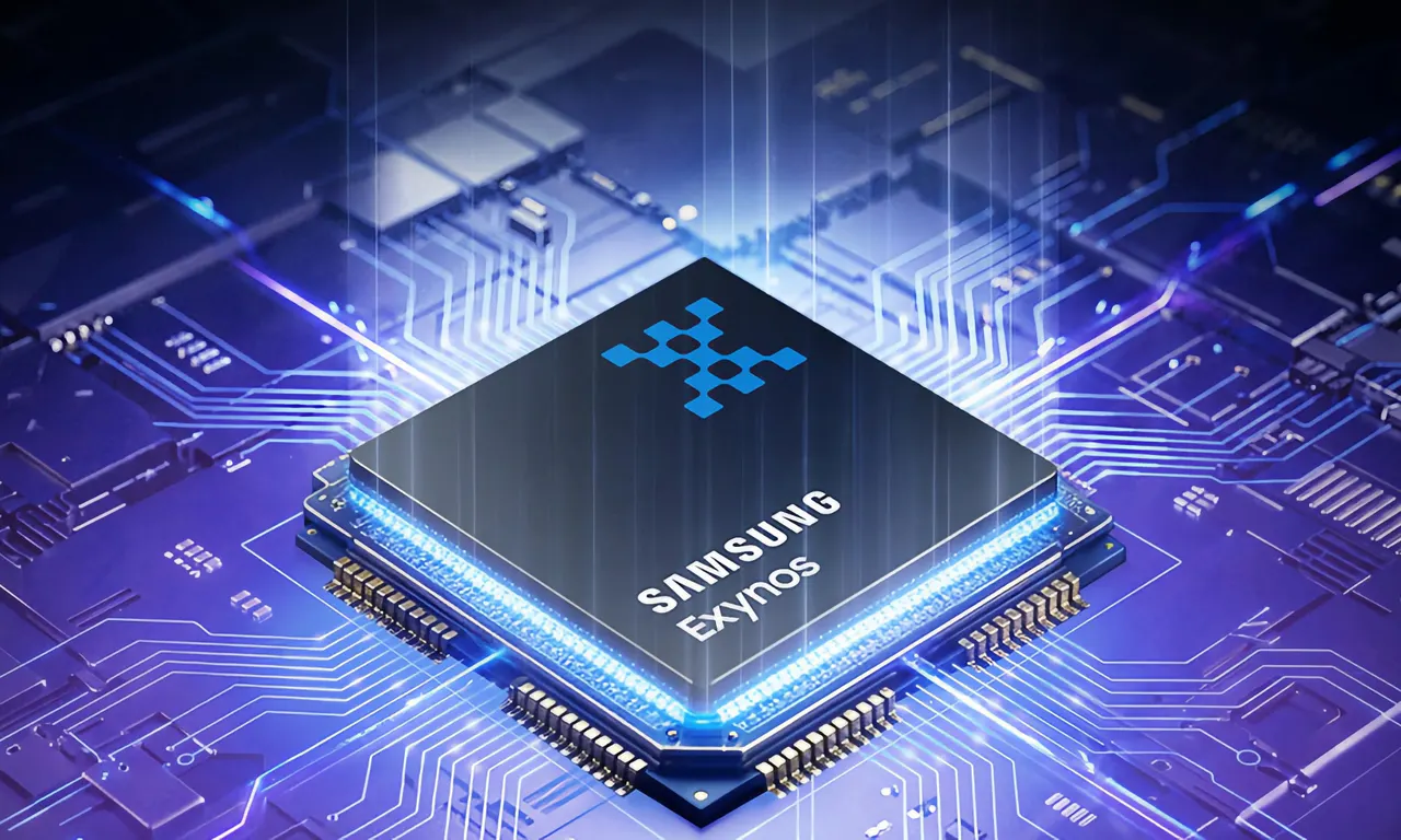 Samsung Galaxy flagship smartphone shown beside a stylized Exynos processor chip