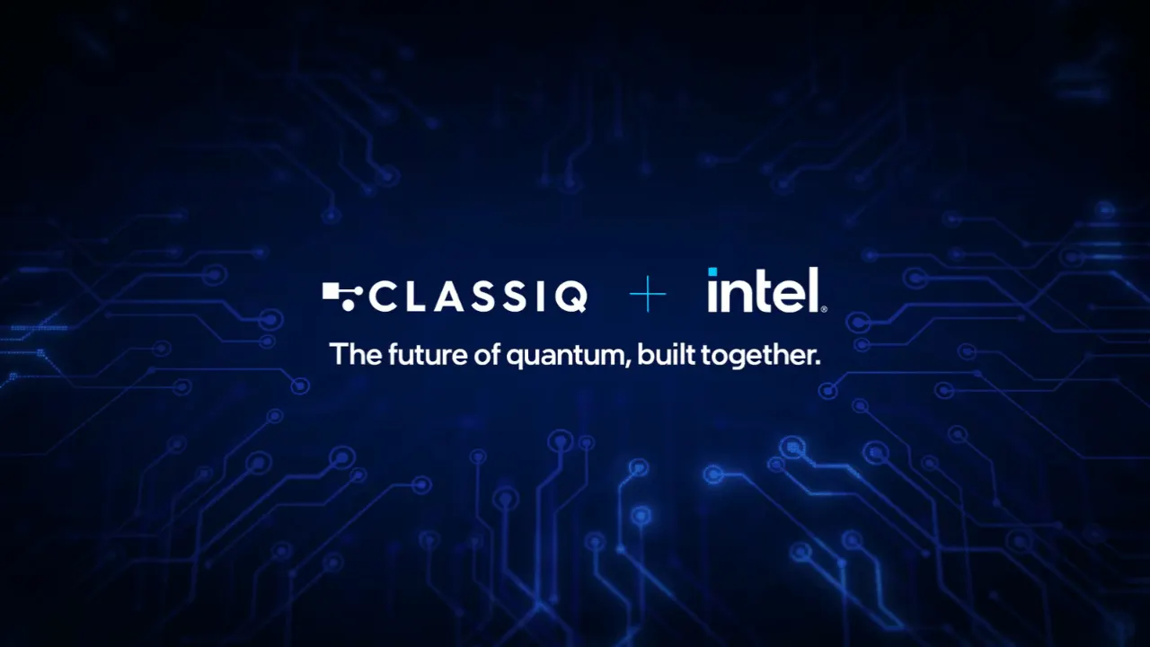 A quantum computing chip and software interface illustrating Intel's acquisition of quantum software startup Classiq.