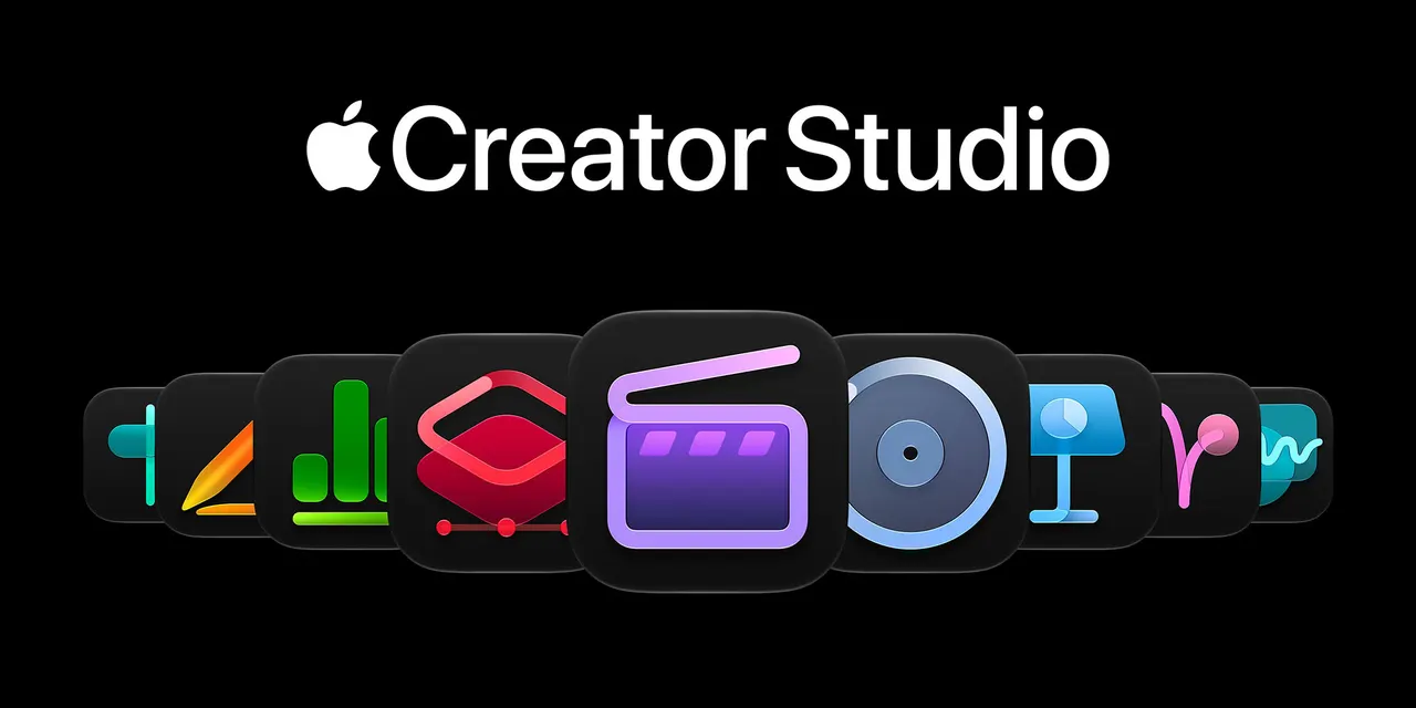 Final Cut Pro, Logic Pro and Pixelmator Pro app icons shown together as part of the Apple Creator Studio subscription bundle.