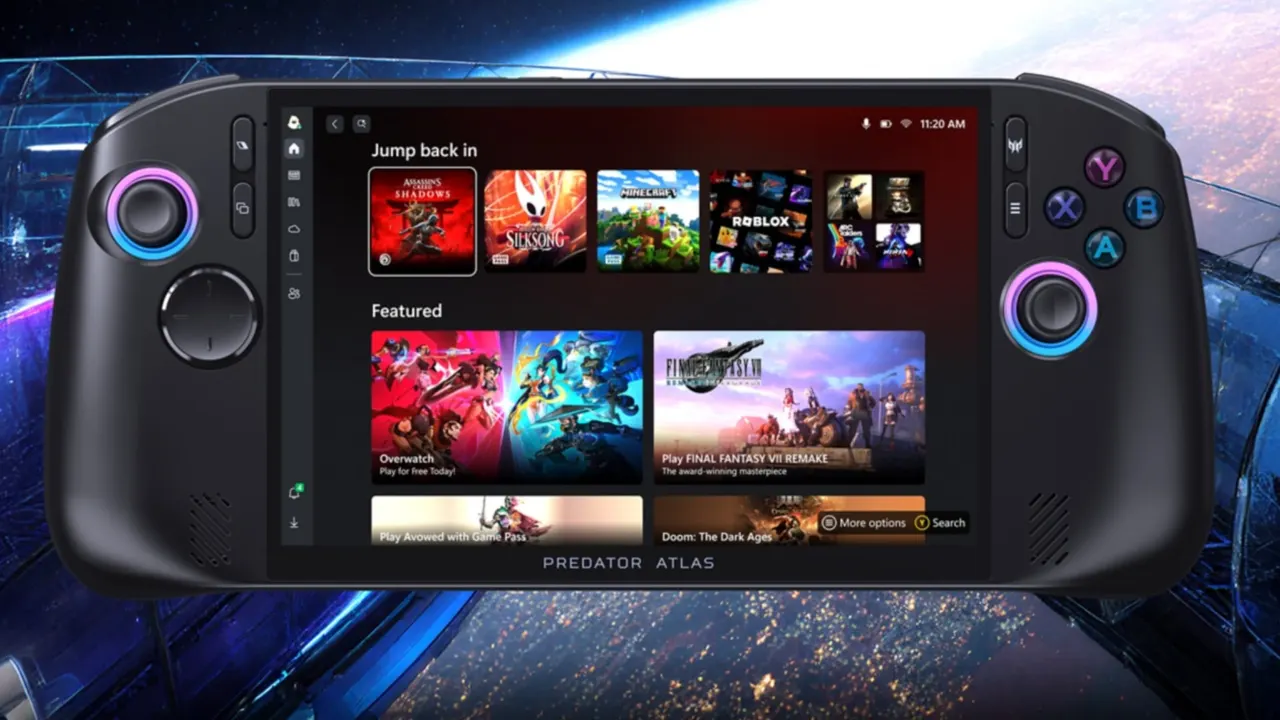 Acer Predator Atlas 8 gaming handheld with an 8-inch display and TMR joysticks.