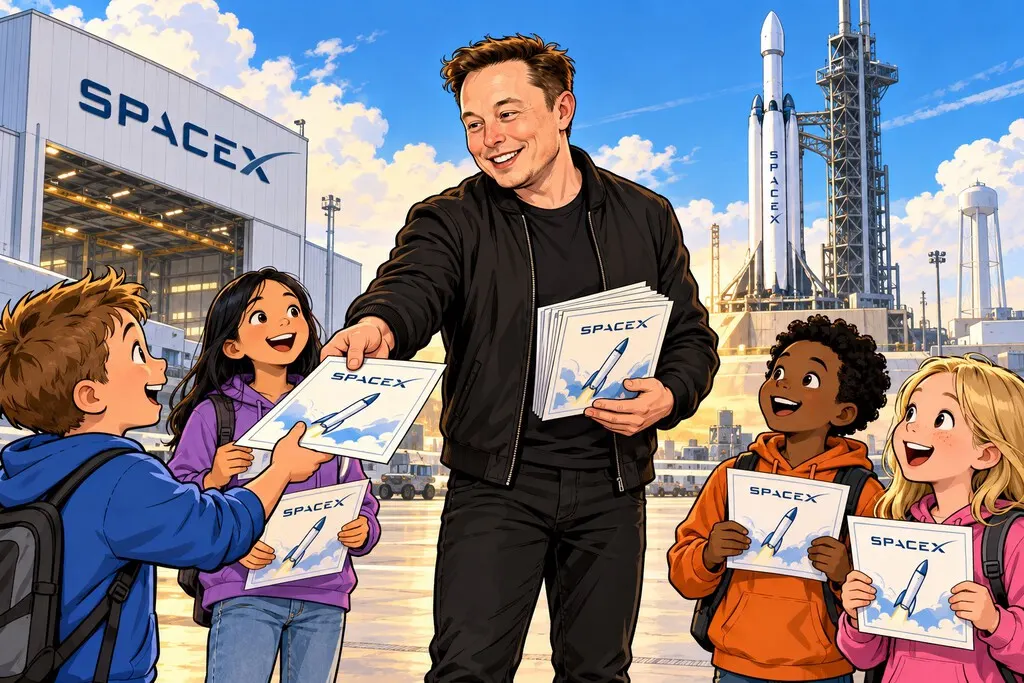 Elon Musk beside a SpaceX rocket, illustrating his pledge to give one SpaceX share to every child in the United States.