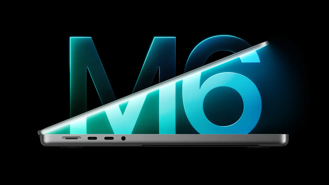 Apple 14-inch MacBook Pro with M6 chip shown open on a desk in silver and space black finishes.