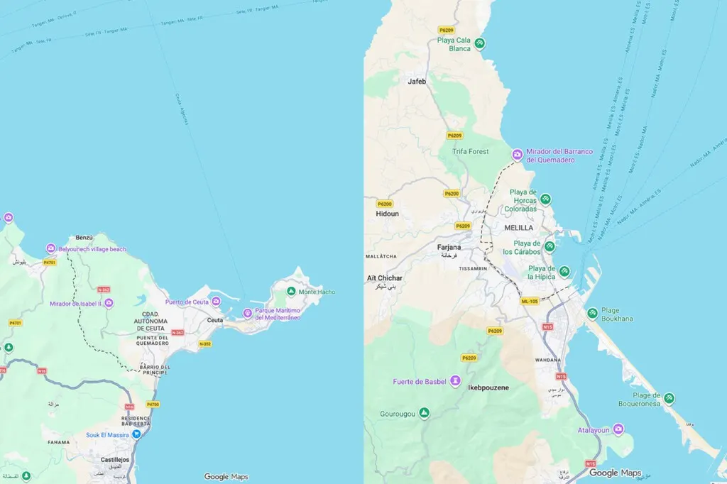 Map view of the land border between Ceuta and Morocco shown with a dashed grey line on Google Maps.