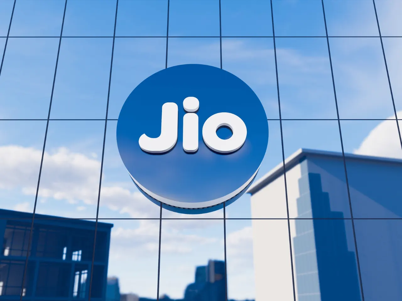 Jio Platforms logo displayed on a stock exchange screen showing the company's shares debuting at a premium.