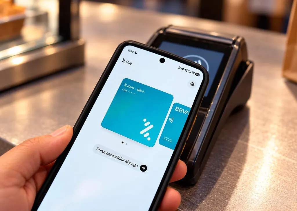 A smartphone running a mobile wallet app held against a card payment terminal at a shop checkout.