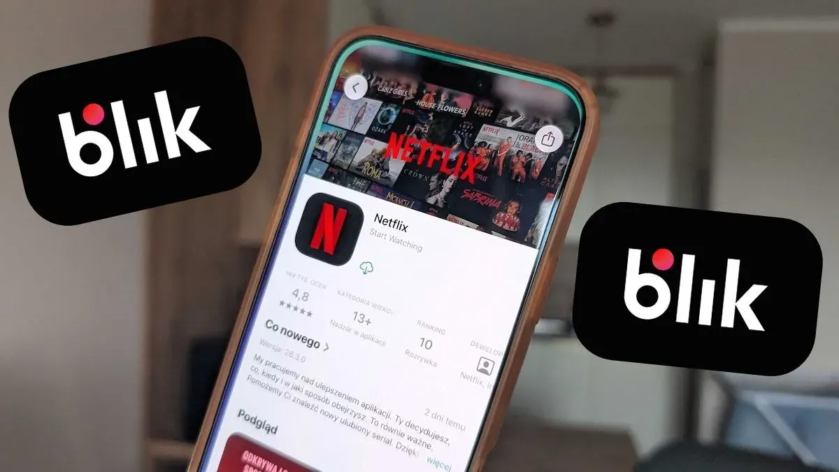 Smartphone showing a banking app with a BLIK code next to a TV screen with the Netflix logo.