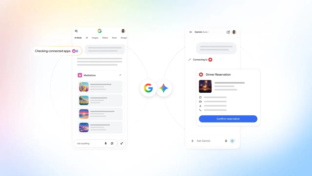 Smartphone showing Gemini and Google Search with third-party app icons connected to the AI assistant.