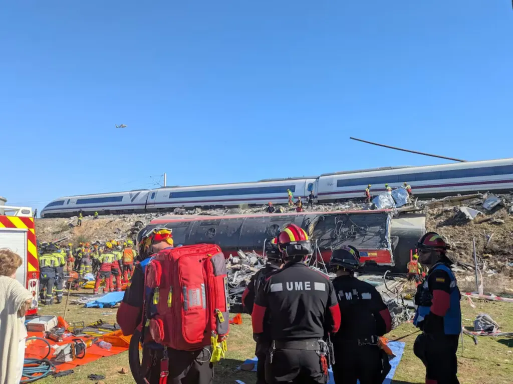 High-speed trains stopped at a station after the Urda rail collision on the Madrid-Andalusia corridor.