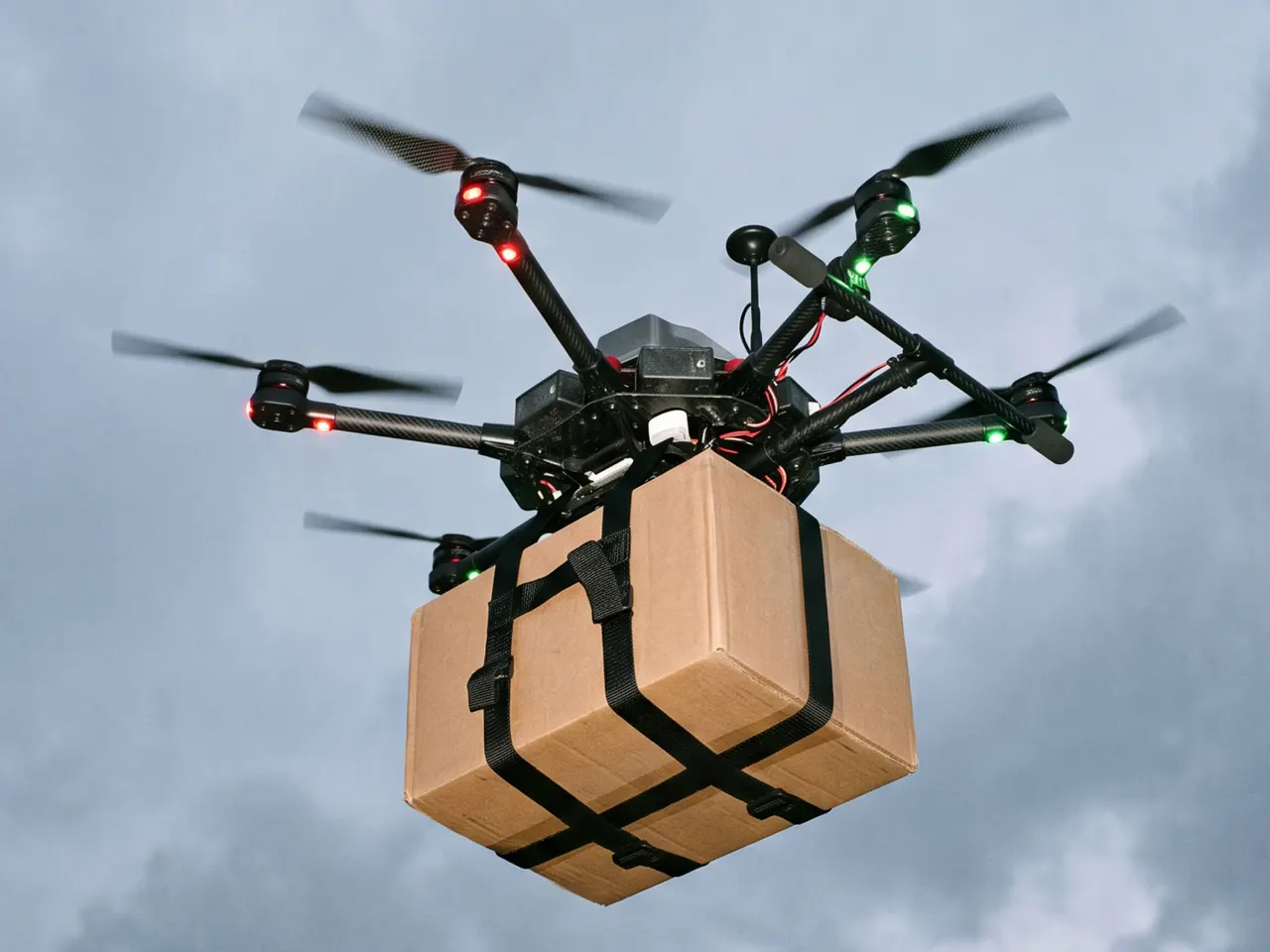 A delivery drone carrying a parcel flies above a warehouse and logistics hub in a Russian region.