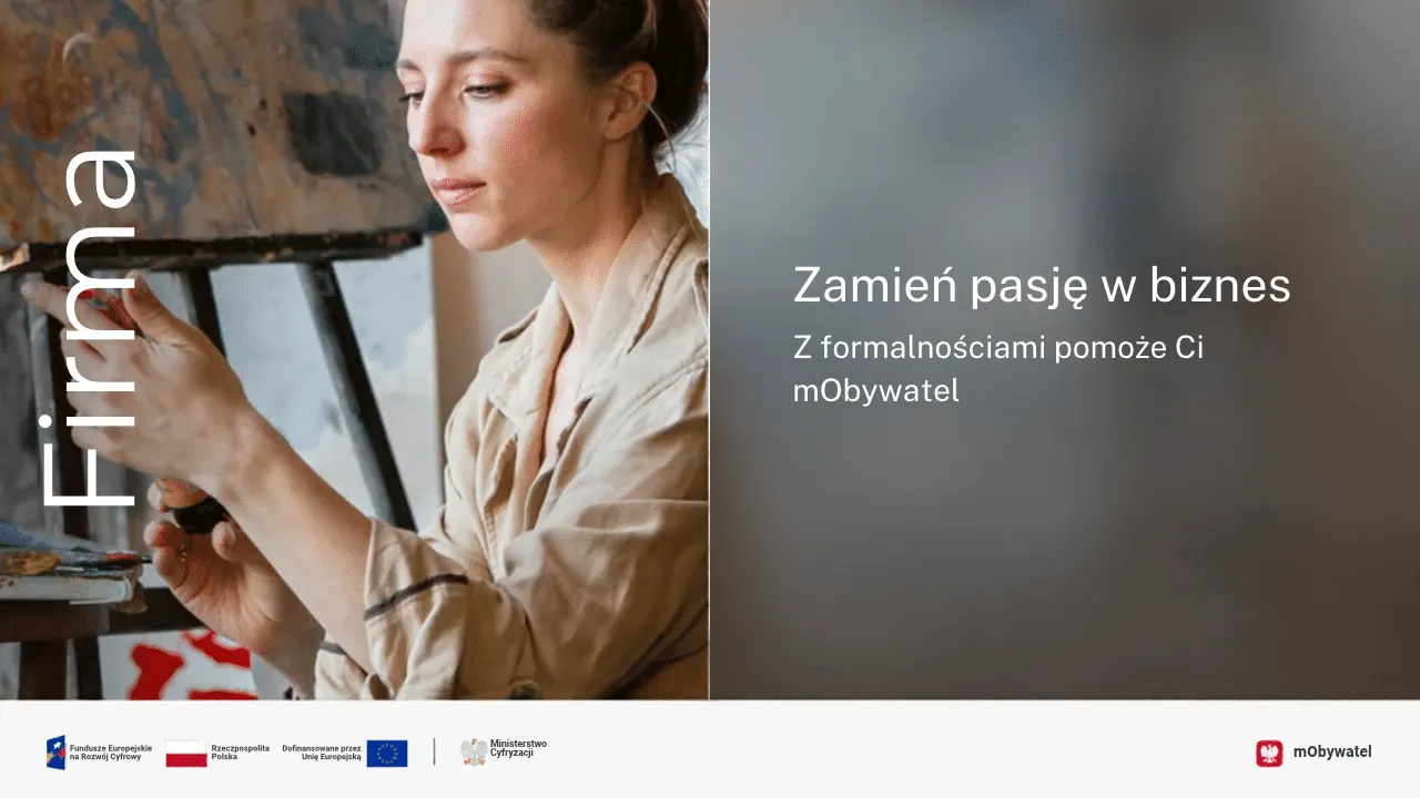 A smartphone showing the mObywatel app's Firma service for registering a business in Poland.