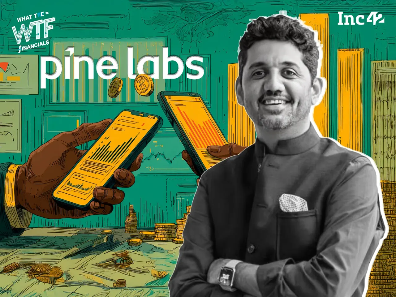 Pine Labs point-of-sale terminal processing a digital payment at a retail counter in India.