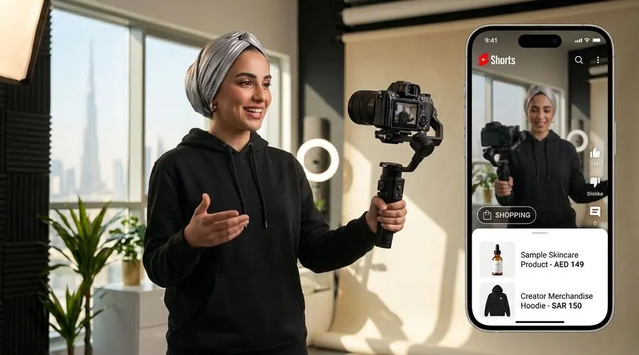 A creator filming a product review on camera, with a shopping tag appearing on a video screen.
