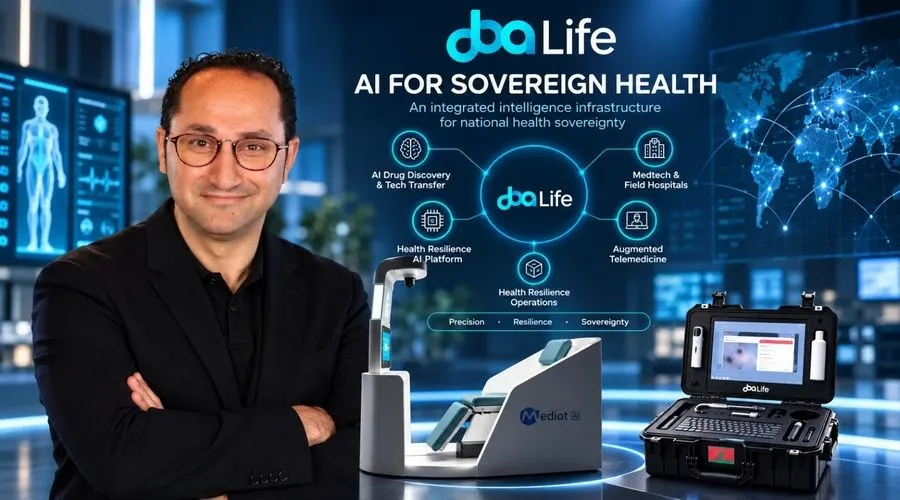 A doctor using a tablet with connected health technology in a modern Moroccan clinic, illustrating AI-driven healthcare.