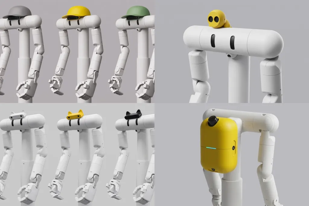 A semi-humanoid service robot with a camera module shaped like a hat and a backpack-style sensor unit on its back.
