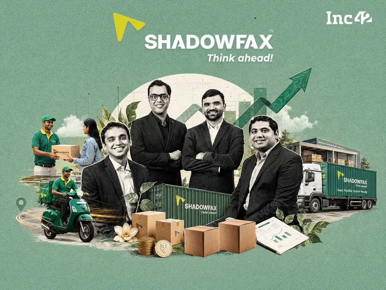 A Shadowfax delivery rider with a parcel beside a logistics truck in an Indian city.