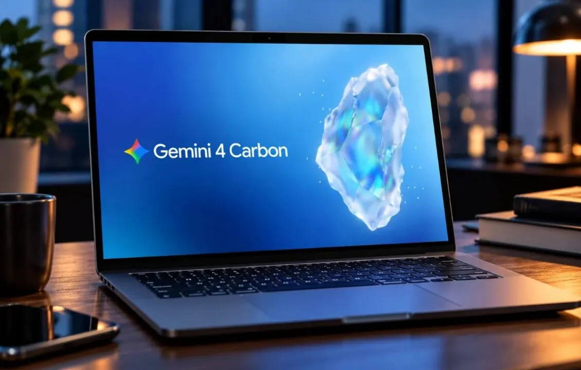 Abstract illustration of the Gemini 4 Carbon AI model with security shield and code symbols