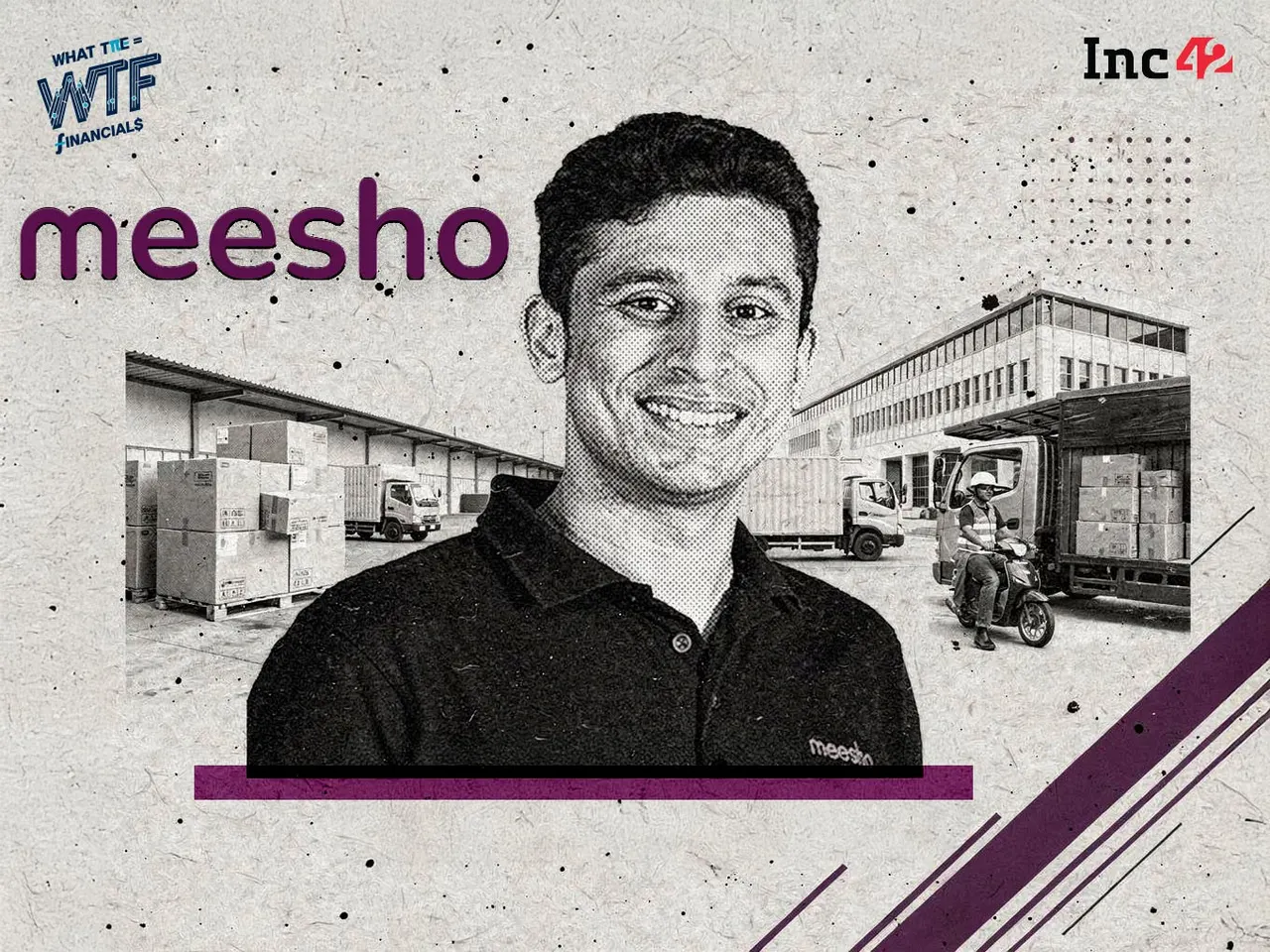 Meesho shopping app on a smartphone beside a chart showing narrowing quarterly losses and rising revenue.