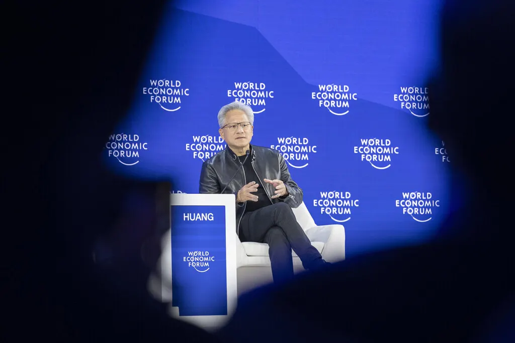 Nvidia CEO Jensen Huang on stage in front of a screen displaying AI chips, illustrating US-China tensions over semiconductors.