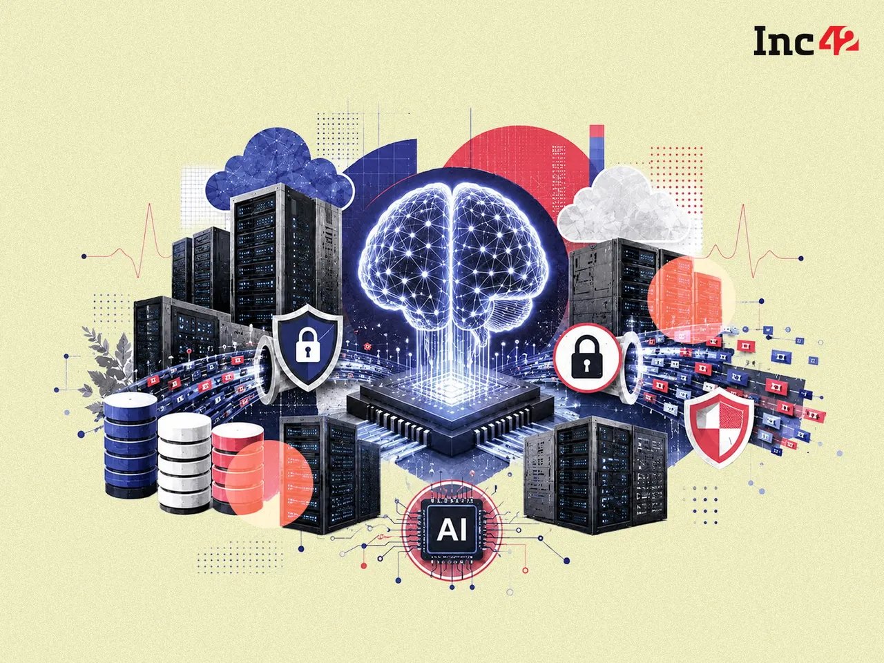 Illustration of secure data servers and a padlock representing consent-based data sharing for AI training in India.