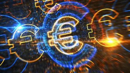 Euro symbol on a glowing digital network backdrop representing the digital euro infrastructure.