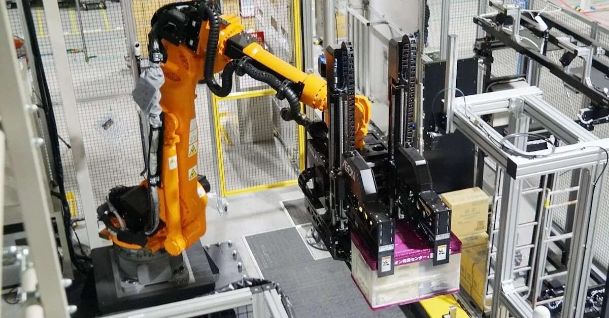 Robotic arms and automated guided vehicles sorting goods at a large distribution center in Kawaguchi, Japan.