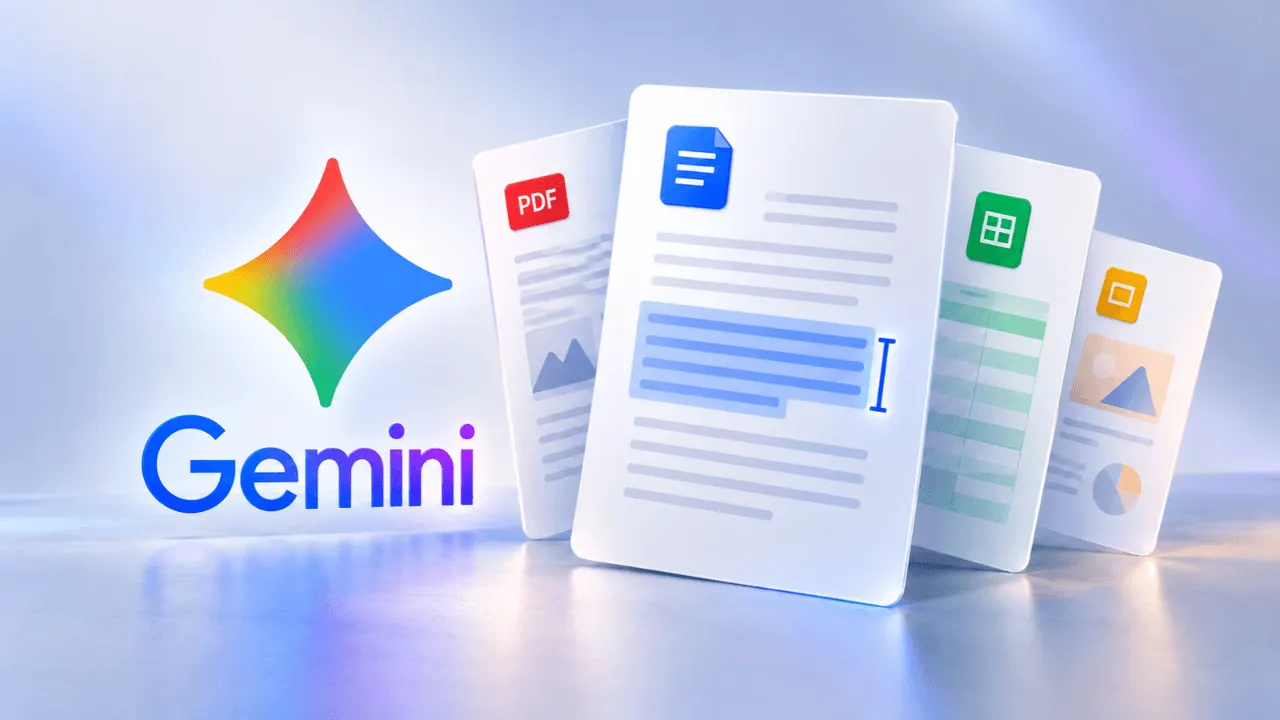 Gemini app showing a PDF study guide open in full screen next to a chat conversation with editing options.