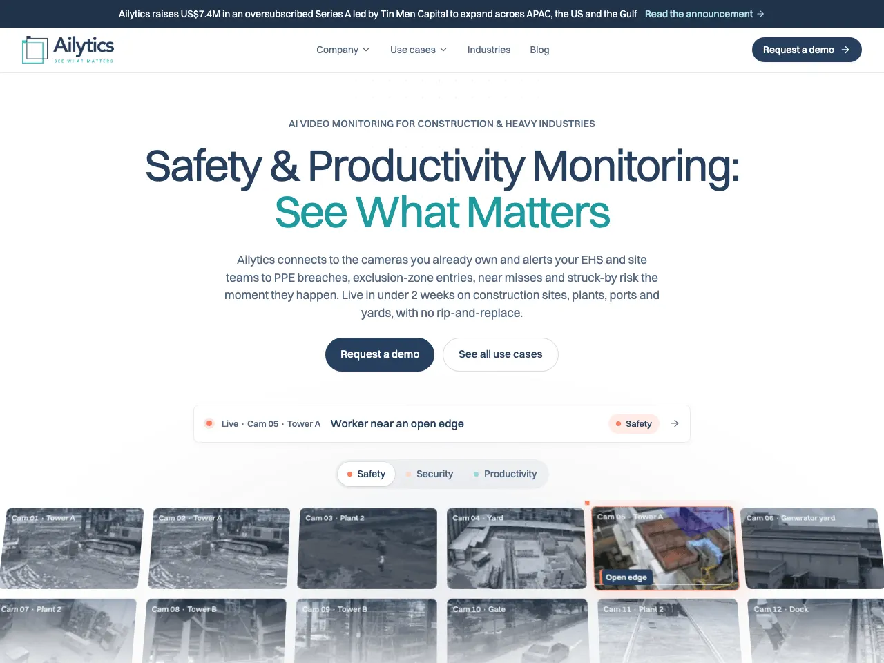 Construction site workers in helmets monitored by CCTV cameras with AI video analytics overlays highlighting safety risks.