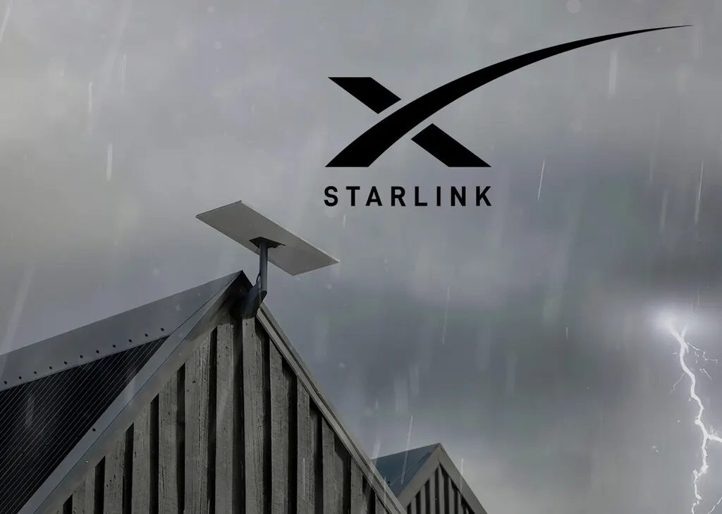 Starlink satellite dish on a rooftop under a evening sky, illustrating the company's residential internet plans in Spain.