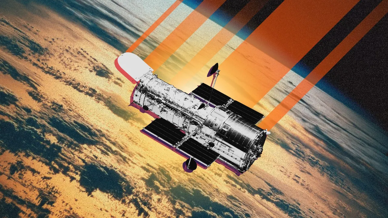 The Hubble Space Telescope orbiting Earth with its solar panels extended against the dark backdrop of space.