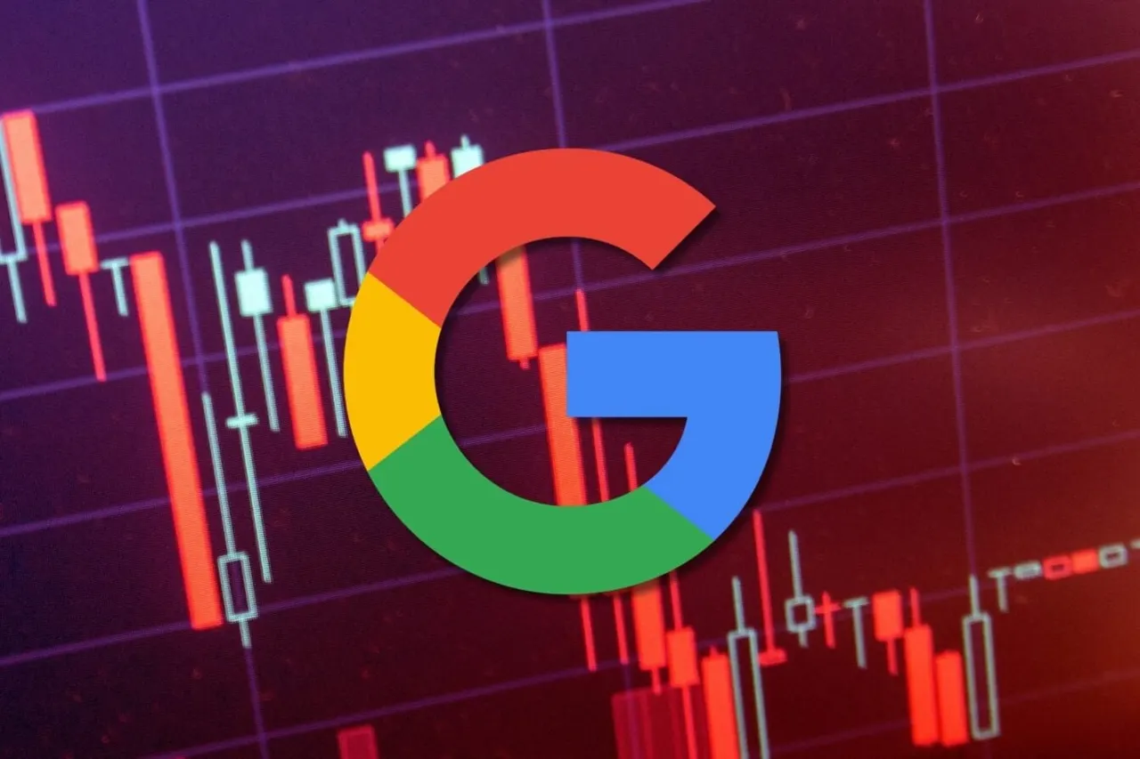 A stock market chart showing a steep drop beside the Google logo on a trading screen.