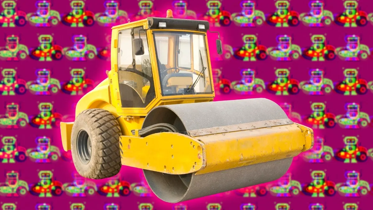 A heavy road roller compacting fresh asphalt on a construction site, representing autonomous construction machinery.