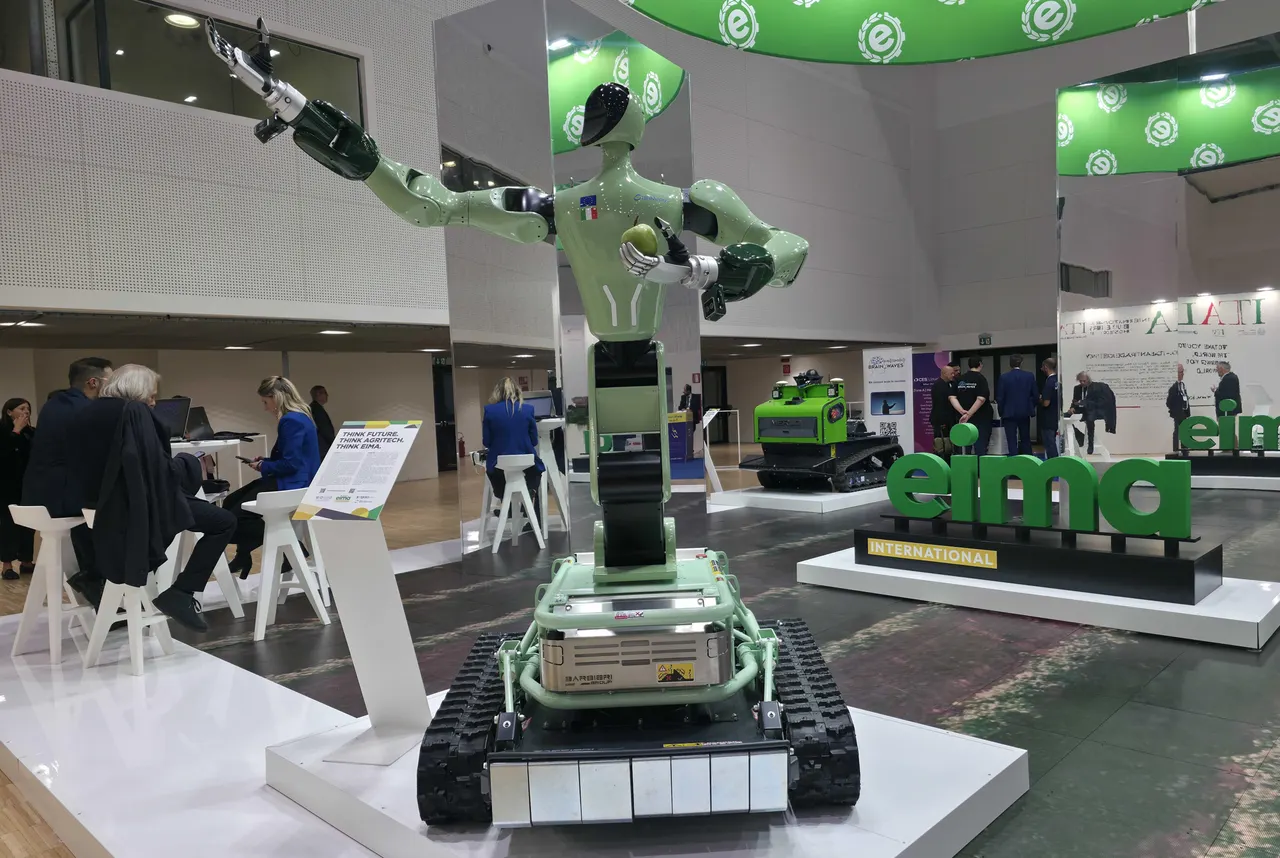A humanoid robot standing in a farm field beside crop rows, illustrating robotics in agriculture.