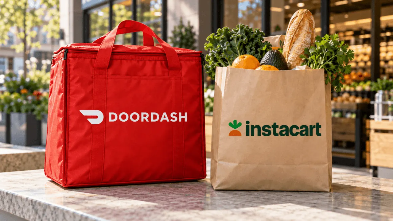 A delivery courier carrying grocery bags beside a smartphone showing a food and grocery delivery app.